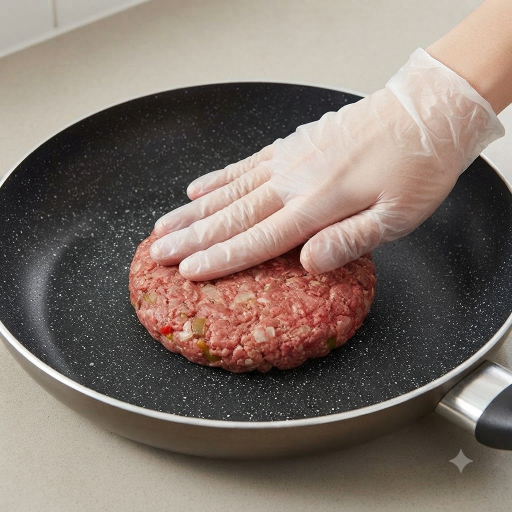 手袋をした手が、黒いノンスティック加工のフライパンに厚手の生肉パティを置いている様子。