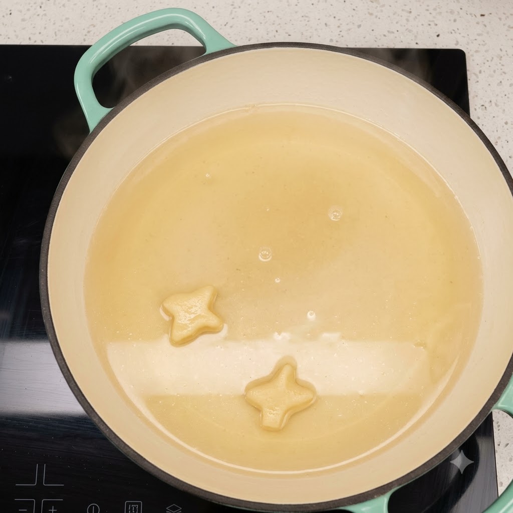 星形の装飾が施されたコンロの上で、浅いフライパンに入った調理油が温められている様子。