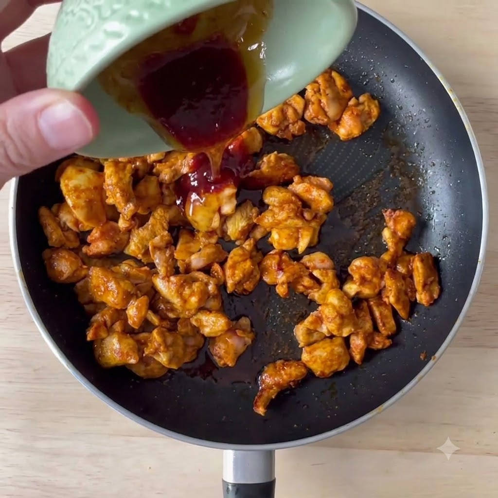 炒めた鶏肉の入ったフライパンに、小鉢からホットソースとはちみつを加えている様子。