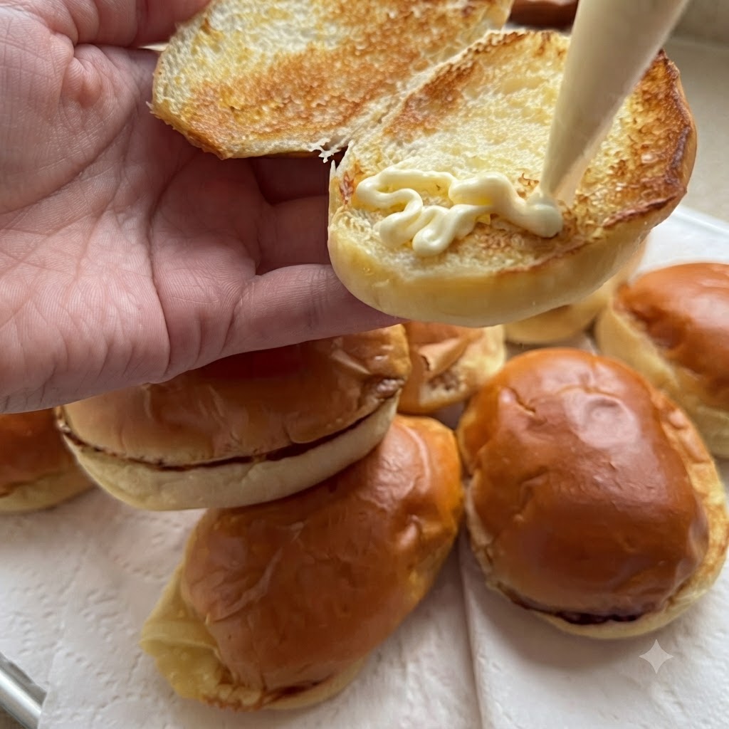 こんがり焼いたディナーロールの断面に、マヨネーズをジグザグに絞り出している様子。
