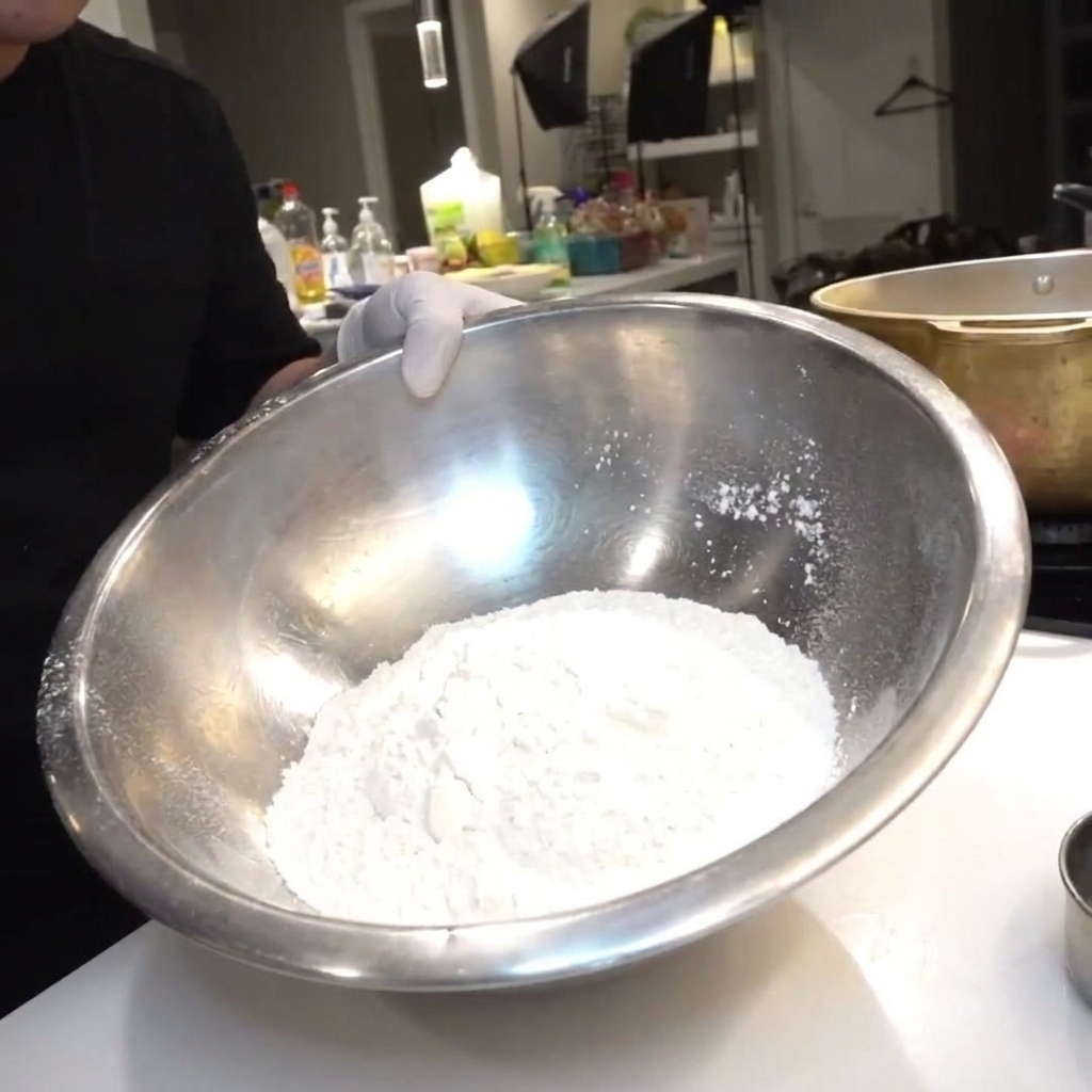 キッチンのカウンターに置かれた、白い小麦粉の入った大きなボウルにシーズニングソルトを注いでいるところ。