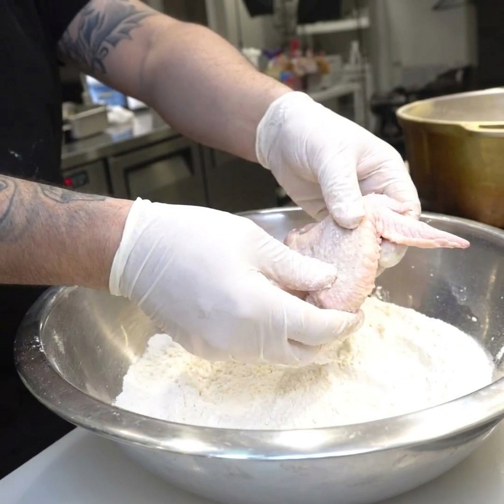 手袋をした両手が手羽先を持ち、小麦粉のボウルの中で衣をまぶしている様子。