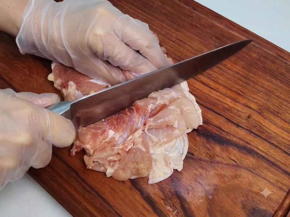 木のまな板の上で、手袋をした手が鋭い包丁を使って骨を抜いた鶏もも肉の肉側に切り込みを入れている様子。