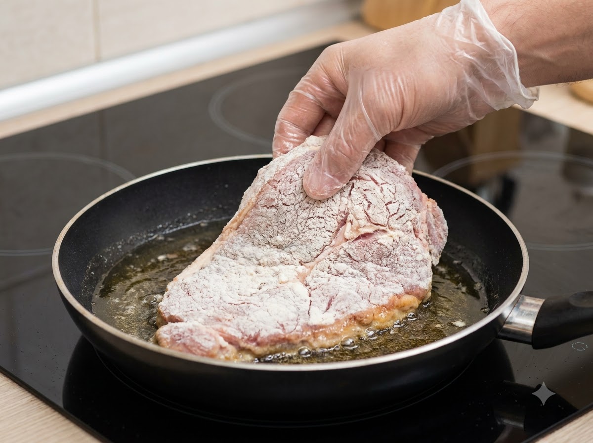 トングを持った手が、油を熱したフライパンに片栗粉をまぶした鶏肉を入れている様子。