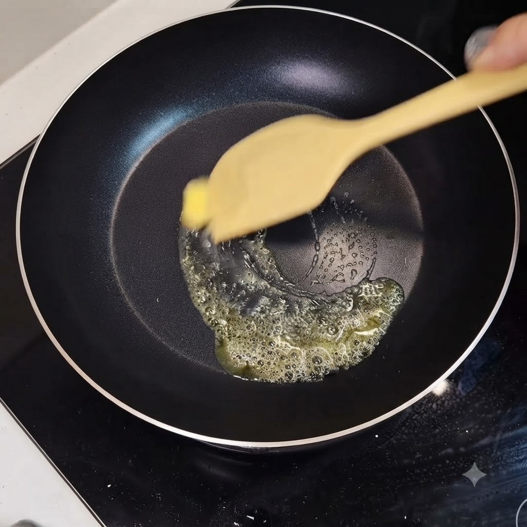 フライパンでバターと油が溶け合っているところに、木べらが添えられている様子。