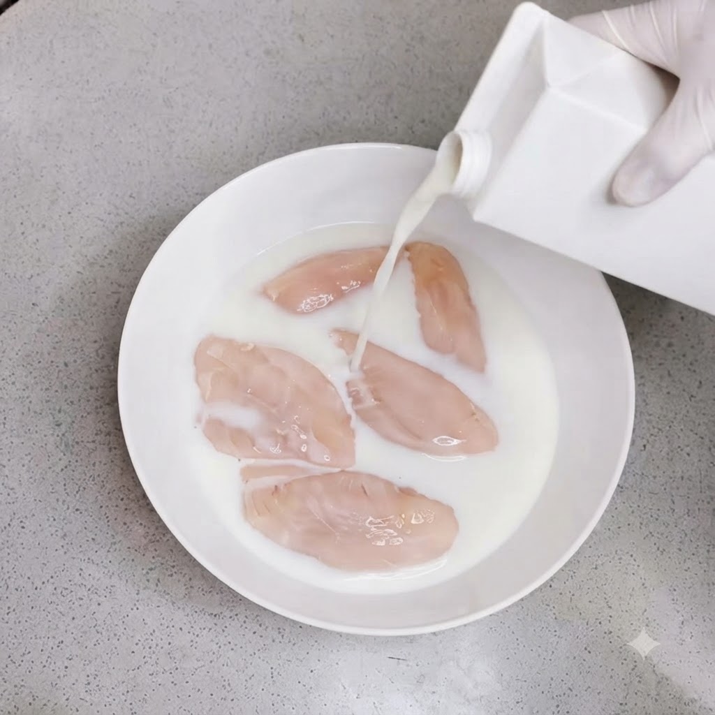パックから白い牛乳が手羽先の入ったボウルに注がれている様子。