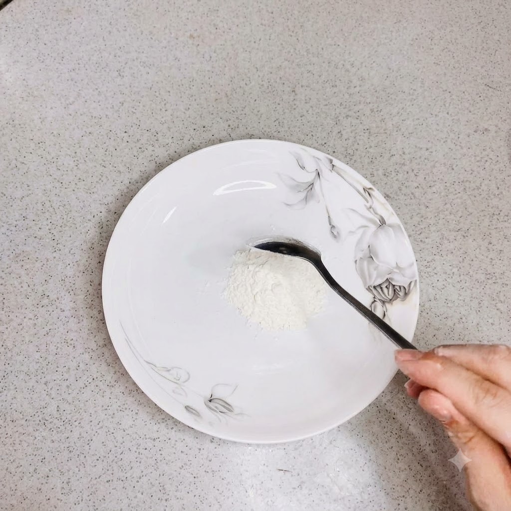 白い装飾皿の上にスプーンですくった小麦粉が置かれている様子。