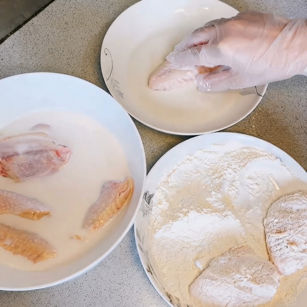 牛乳とバッター液の横で、手袋をつけた手が鶏肉に粉をまぶしている様子。