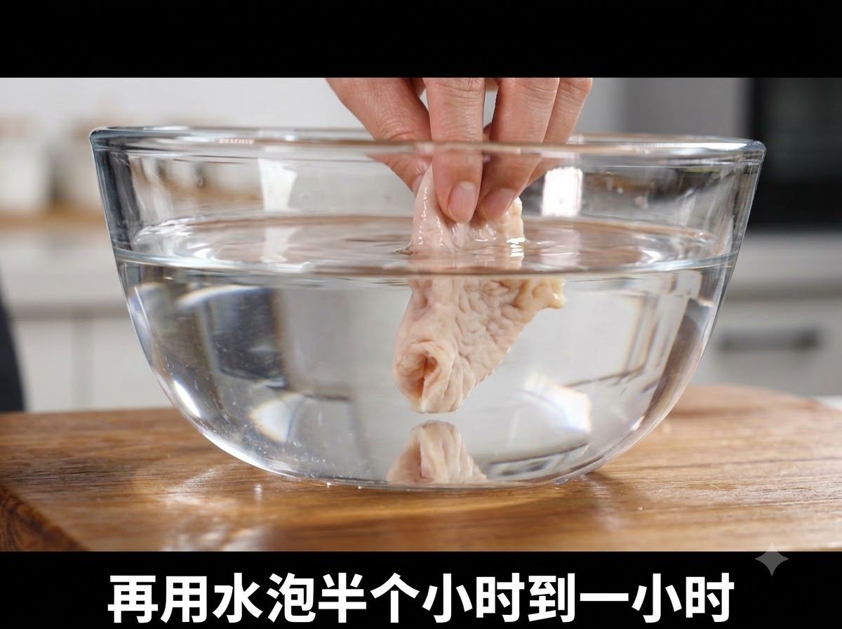 木製の台の上で、ガラスボウルに入った水に浸かる骨なし鶏肉。