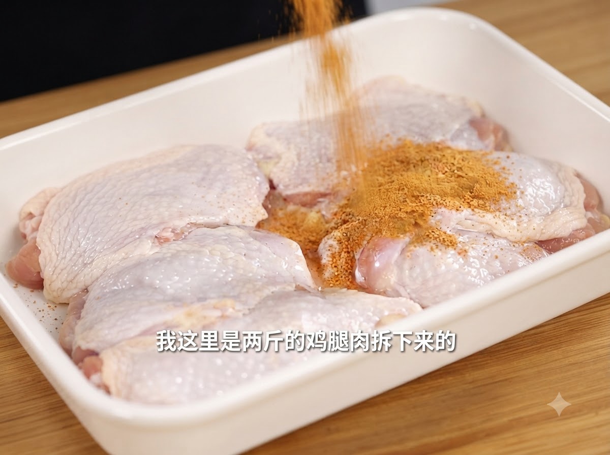 白いトレイに並べられた生の骨なし鶏肉の上に、スパイシーブラインパウダーを振りかけている様子。