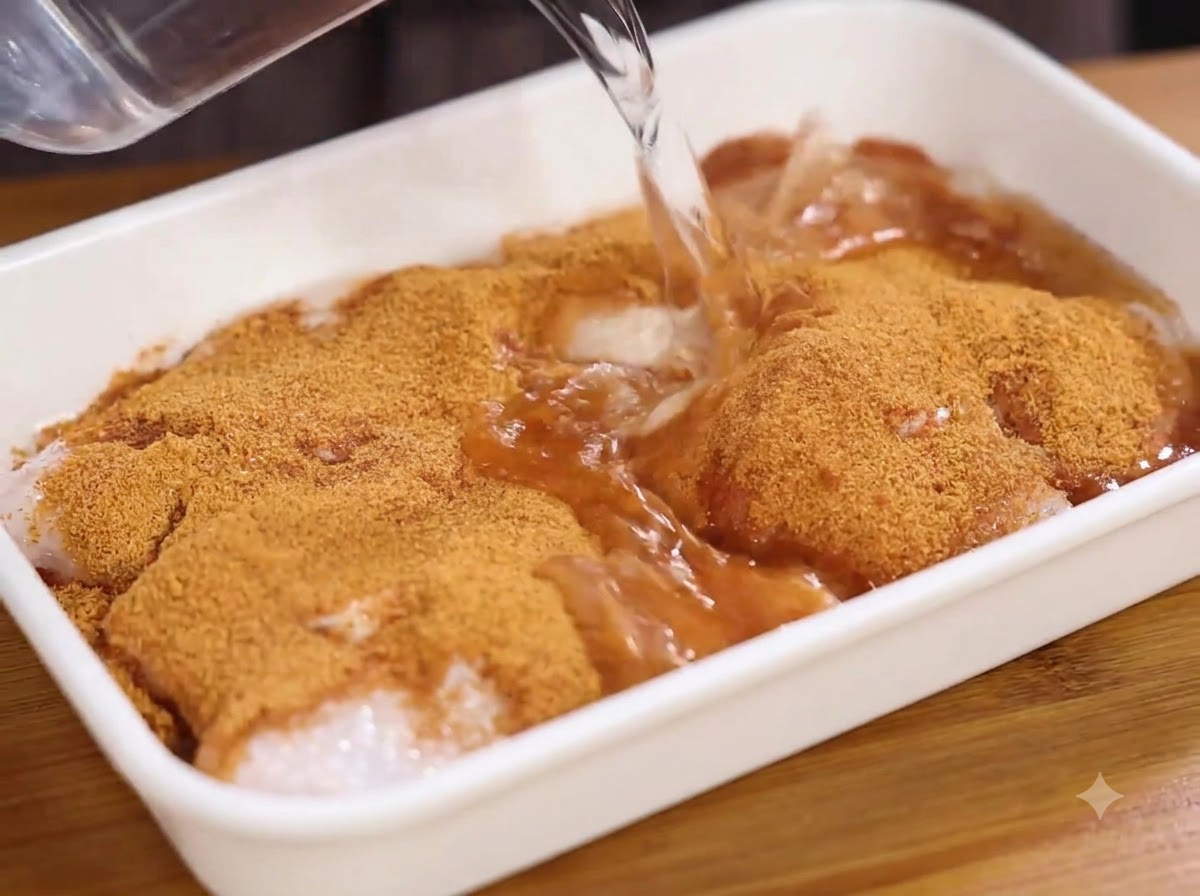 シーズニングをまぶした鶏肉が入った白いトレイに、容器から水が注がれている瞬間。