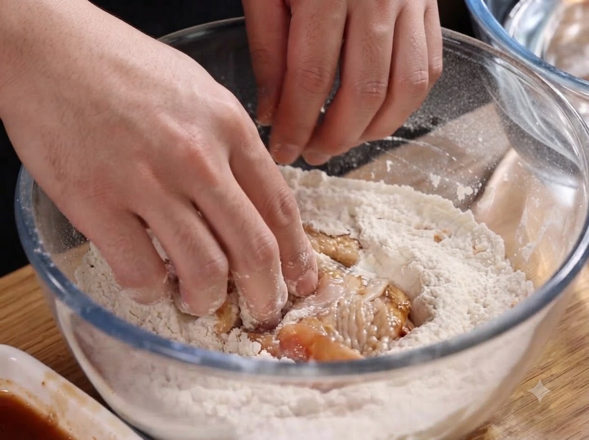 ガラスボウルの中で、マリネした鶏肉のピースにドライのフライ粉をしっかりとまぶしている様子。