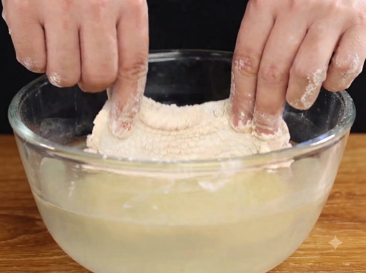 粉をまぶした鶏肉のピースを、水を入れたボウルに浸している手元。