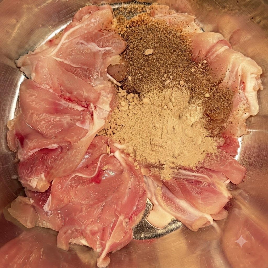 ボウルに入った生肉の上に、四川花椒粉、ガーリックパウダー、チパウダーが山盛りで乗せられている様子。