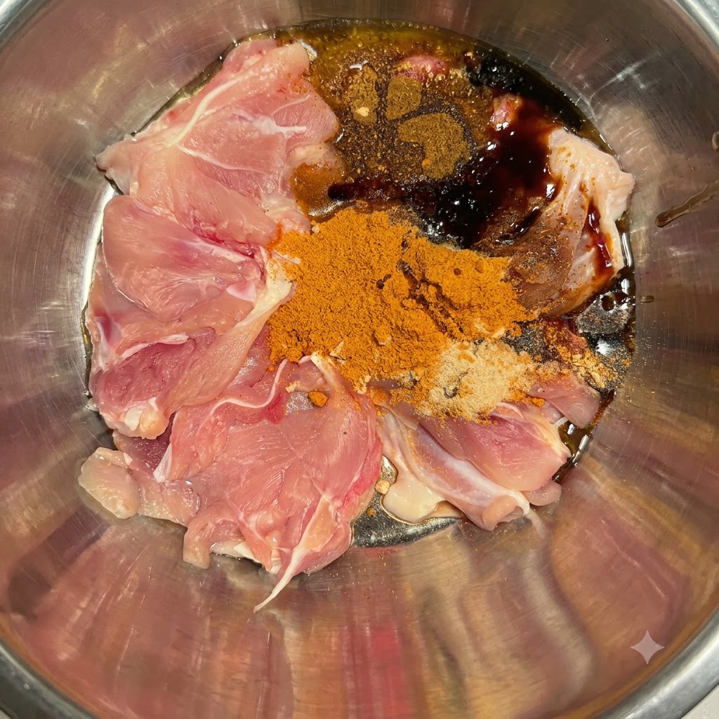 金属製のボウルの中で、生肉とスパイスの上に醤油、オイスターソース、花椒油が注がれている様子。