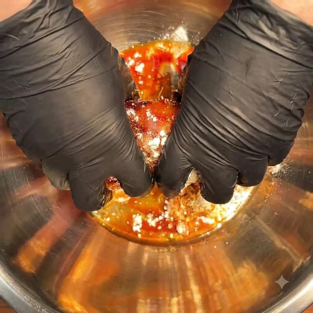 手袋を着用した手が、金属製のボウルの中でスパイスと液体の調味料を生肉にしっかりと揉み込んでいる様子。