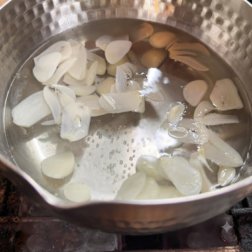 薄切りにしたニンニクが熱湯の入った鍋の中で茹でられている様子。