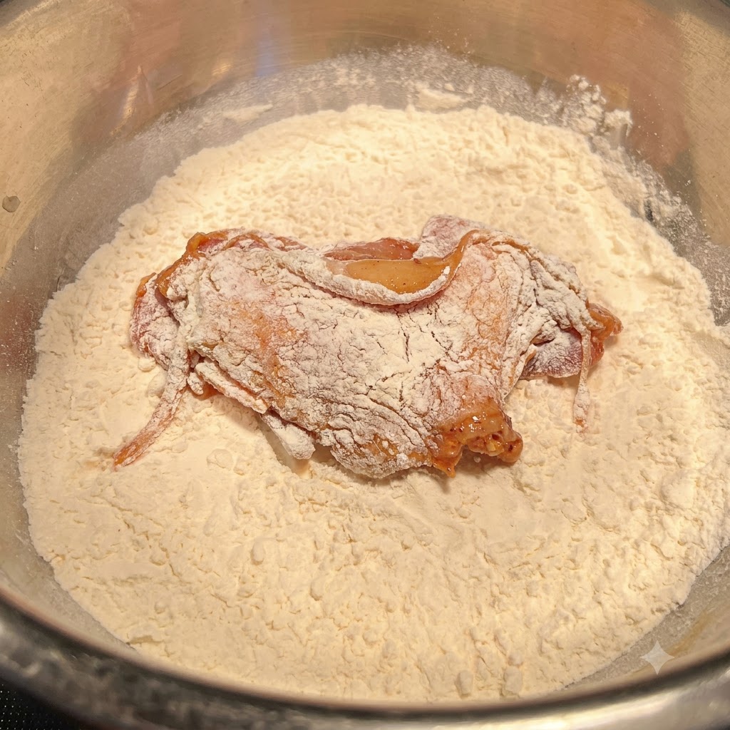 マリネした鶏肉が乾燥した粉の入ったボウルの中に置かれ、均等に粉がまぶされている様子。