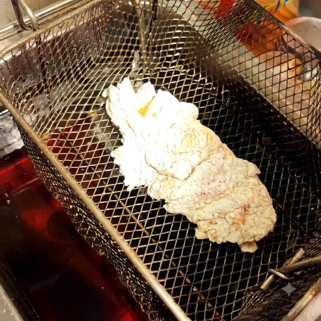 衣をまとった鶏肉のピースが、熱した油上のフライヤーバスケットの中に置かれている様子。