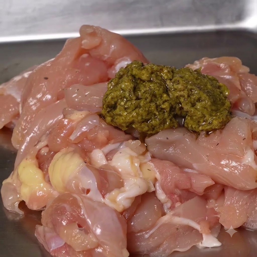 金属製のトレイに入ったカット済みの生鶏肉の上に、緑色のペストソースがスプーン一杯乗せられている様子。