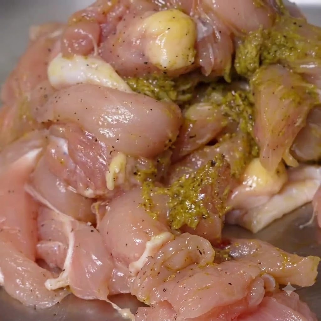 金属製のトレイの中で、緑色のペストマリネが鶏肉全体に均一に絡まっているクローズアップ。