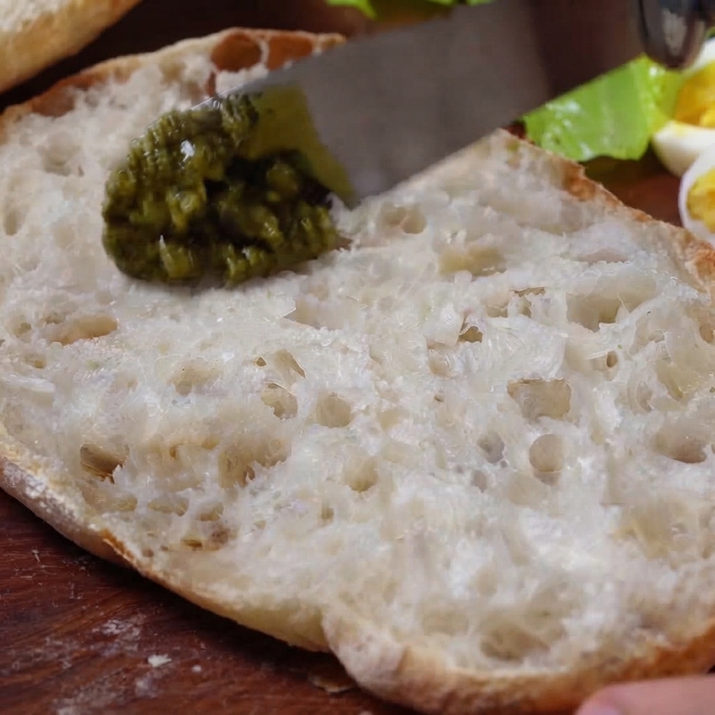 半分に切ったチャバタパンの片面に、鮮やかな緑色のペストをナイフで塗っている様子。
