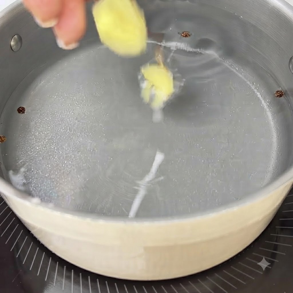コンロの上の水が入った鍋に浮かぶ生姜のスライス、長ネギ、花椒。