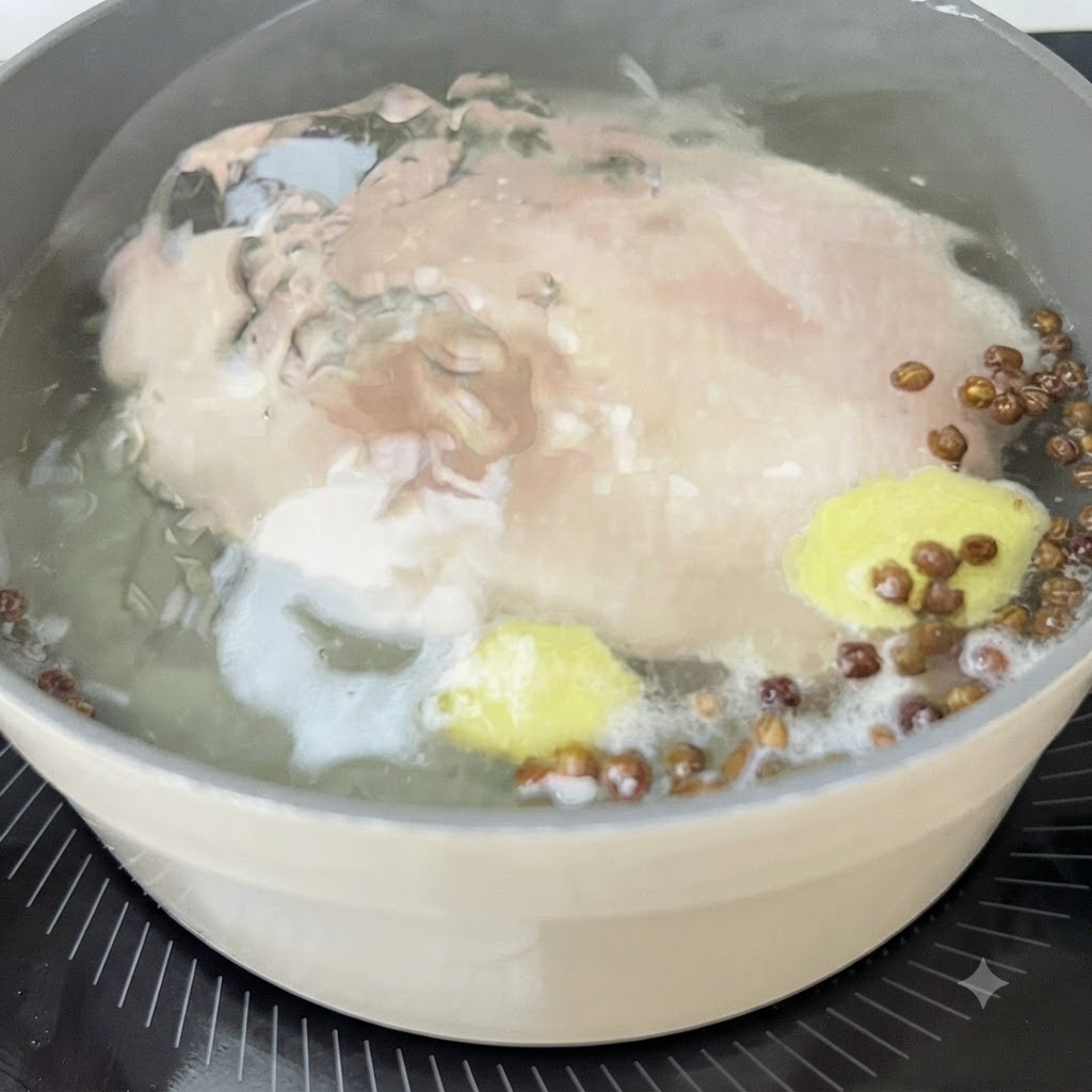 生姜のスライスと花椒が入った鍋で煮込まれる鶏むね肉。