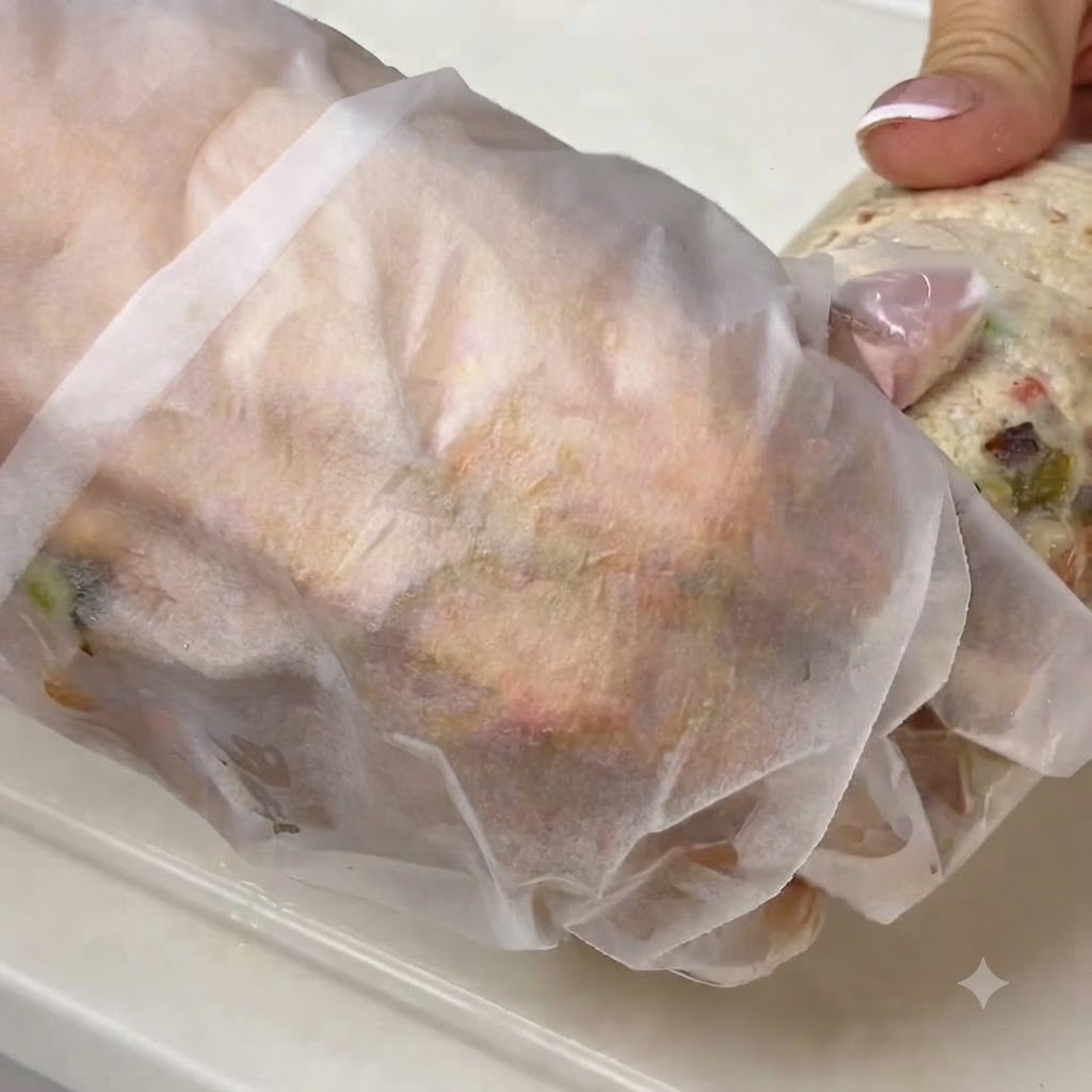 フライパンで焼かれているラップの上にクッキングペーパーを抑えている手。