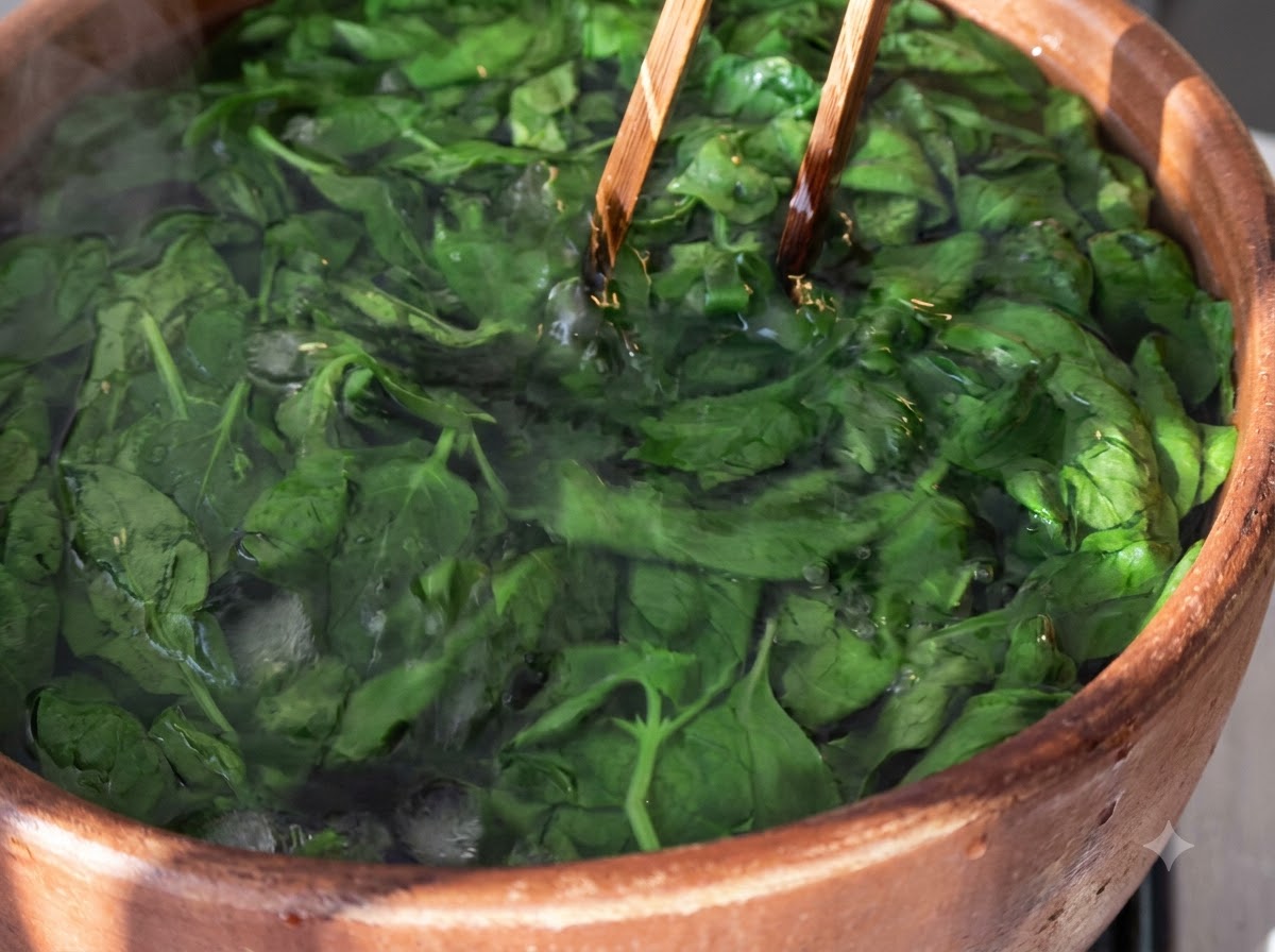 木製の箸が入った木のボウルの中の氷水に浸された茹でたバジルの葉。