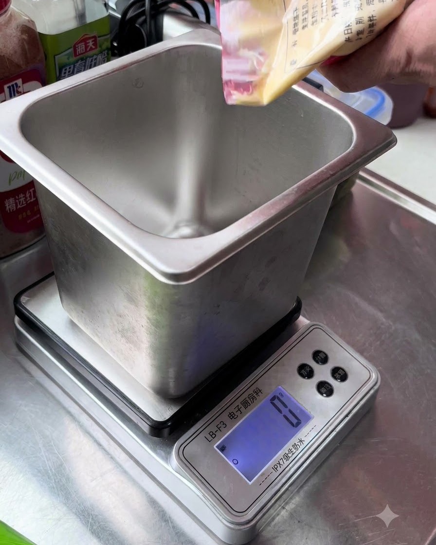 デジタルキッチンスケールの上に置かれた金属製容器に、マヨネーズの袋から中身を絞り出している様子。