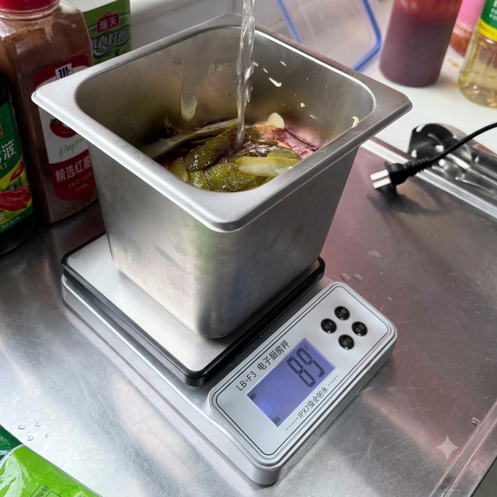 スライスしたピクルスを、他のソースの材料が入った金属製容器に入れている様子。