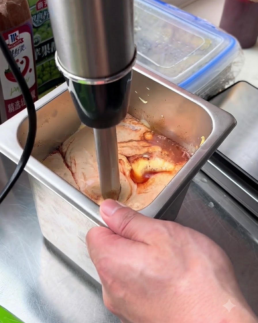 金属製容器の中で、ハンドブレンダーを使ってバーガーソースの材料を混ぜ合わせている様子。